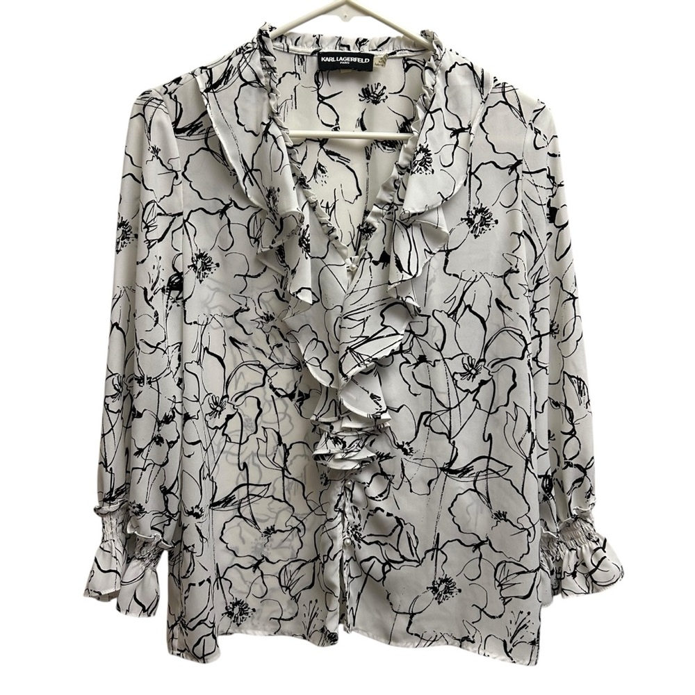 Karl Lagerfeld -Paris Black and White Floral Ruffle Blouse